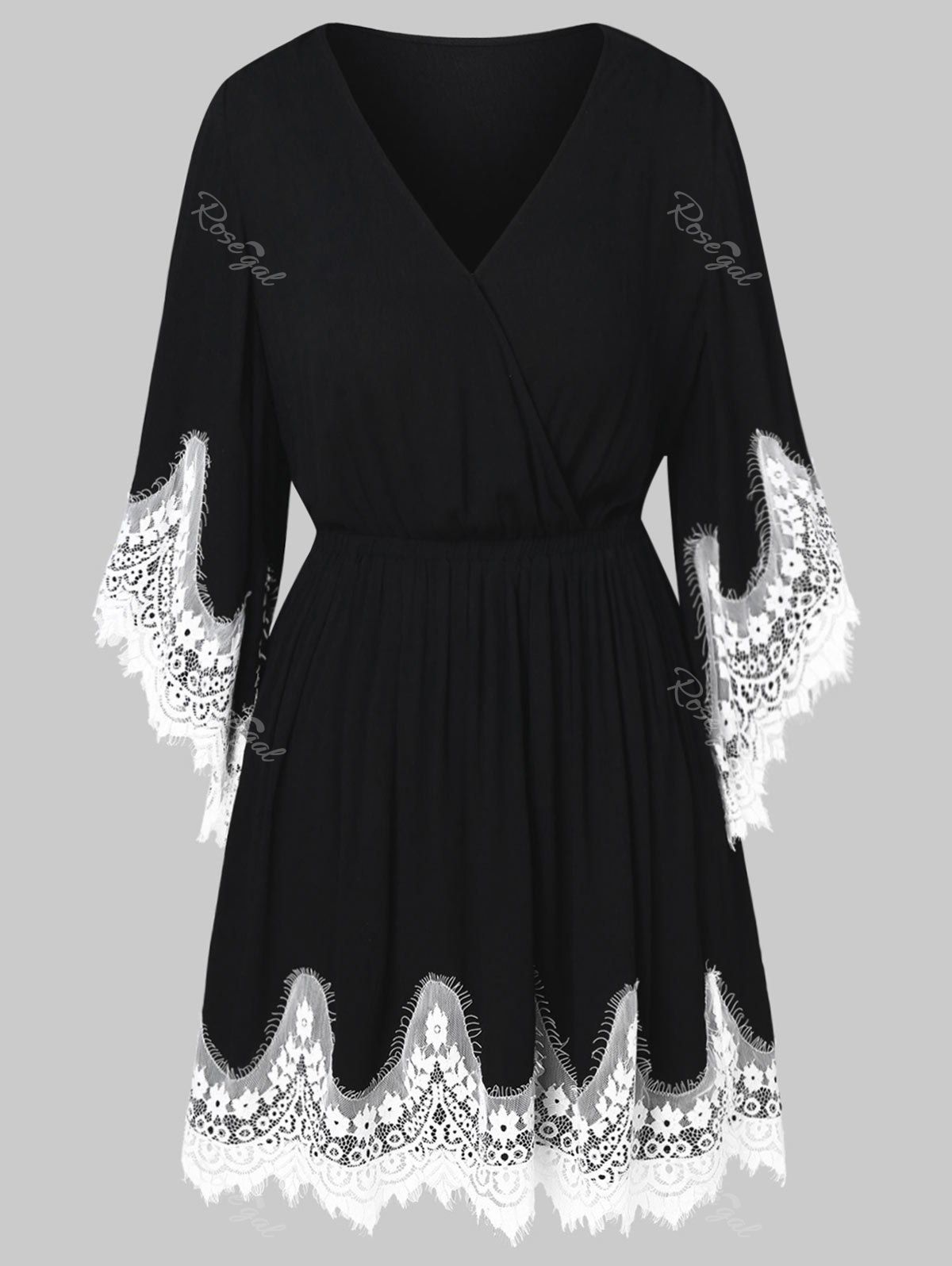 Plus Size Elastic Waist Pleated Applique Blouse, Black