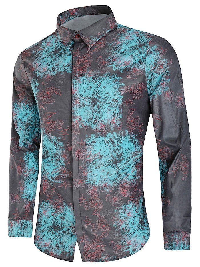 

Flowers Print Cover Button Long Sleeves Shirt, Multi