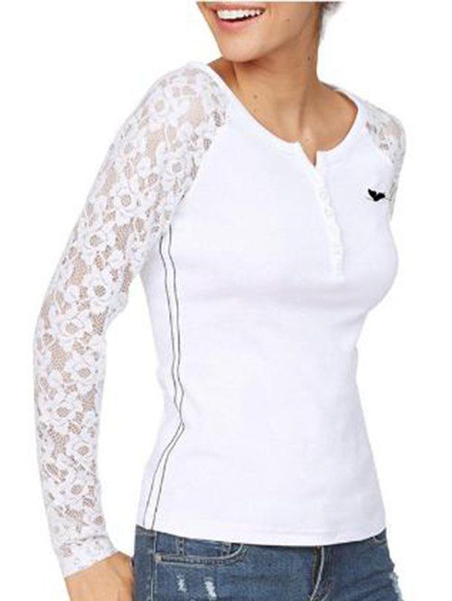 

Half Button Lace Panel Knitwear, White