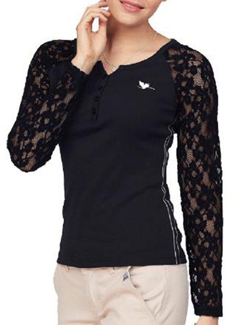 

Half Button Lace Panel Knitwear, Black