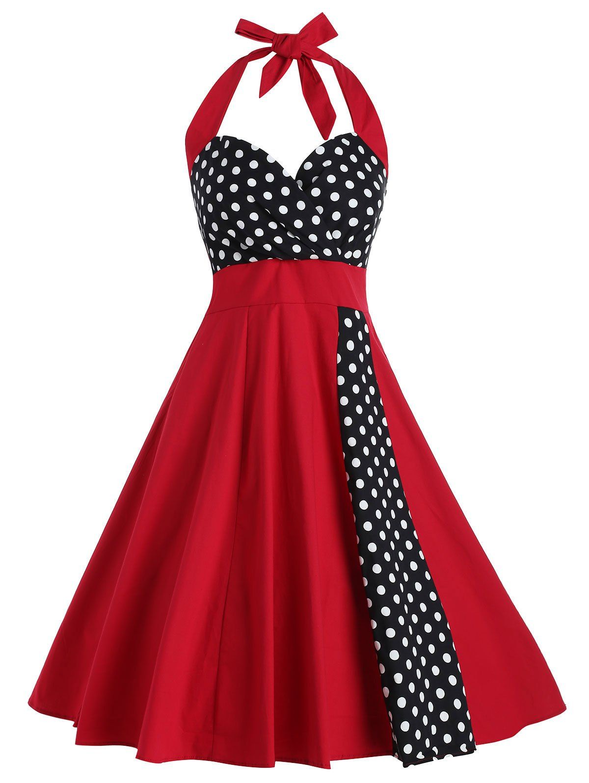 

Vintage Halter Polka Dot Print Dress, Red wine