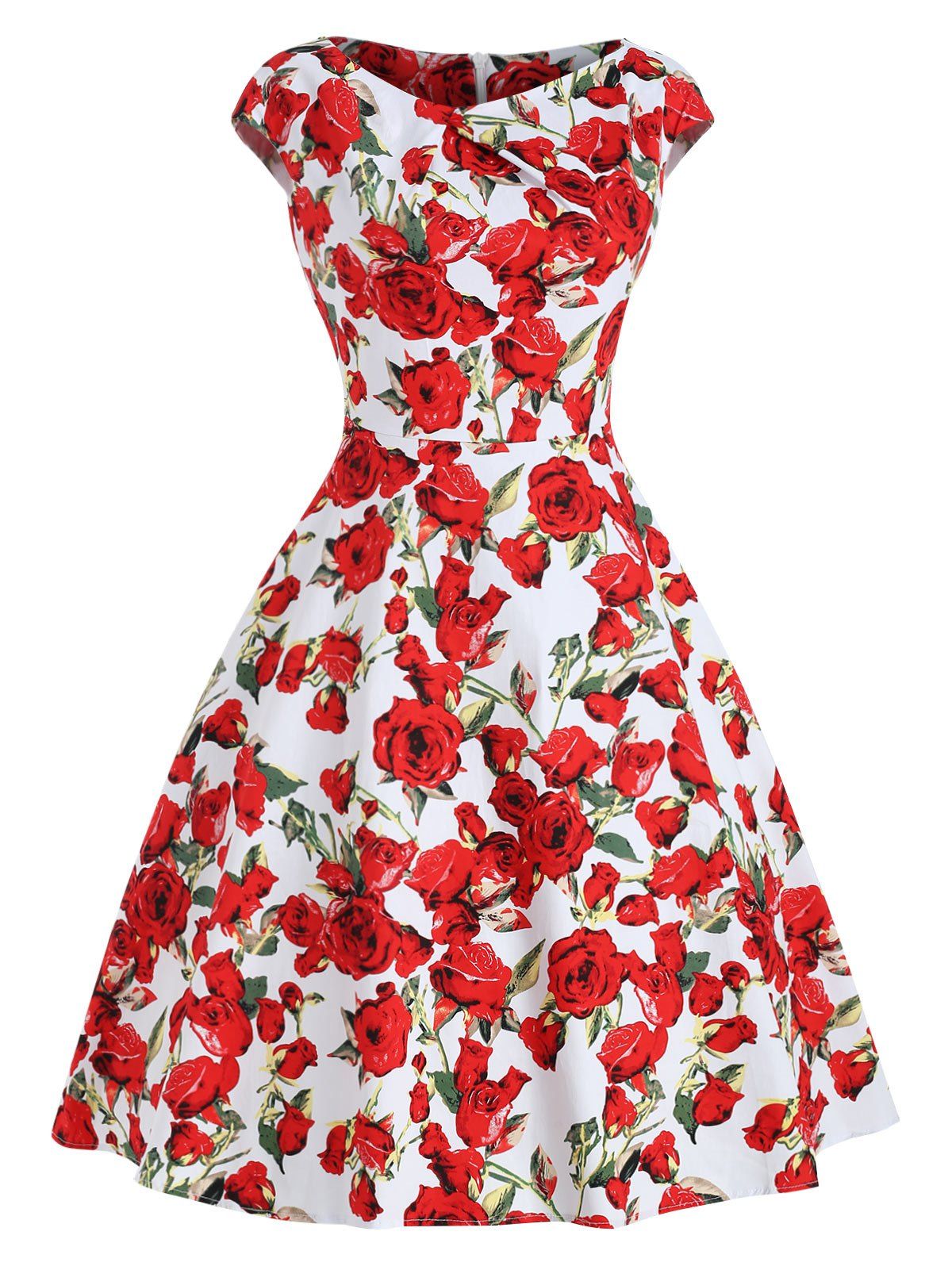 

Cap Sleeve Vintage Floral Print Dress, Red