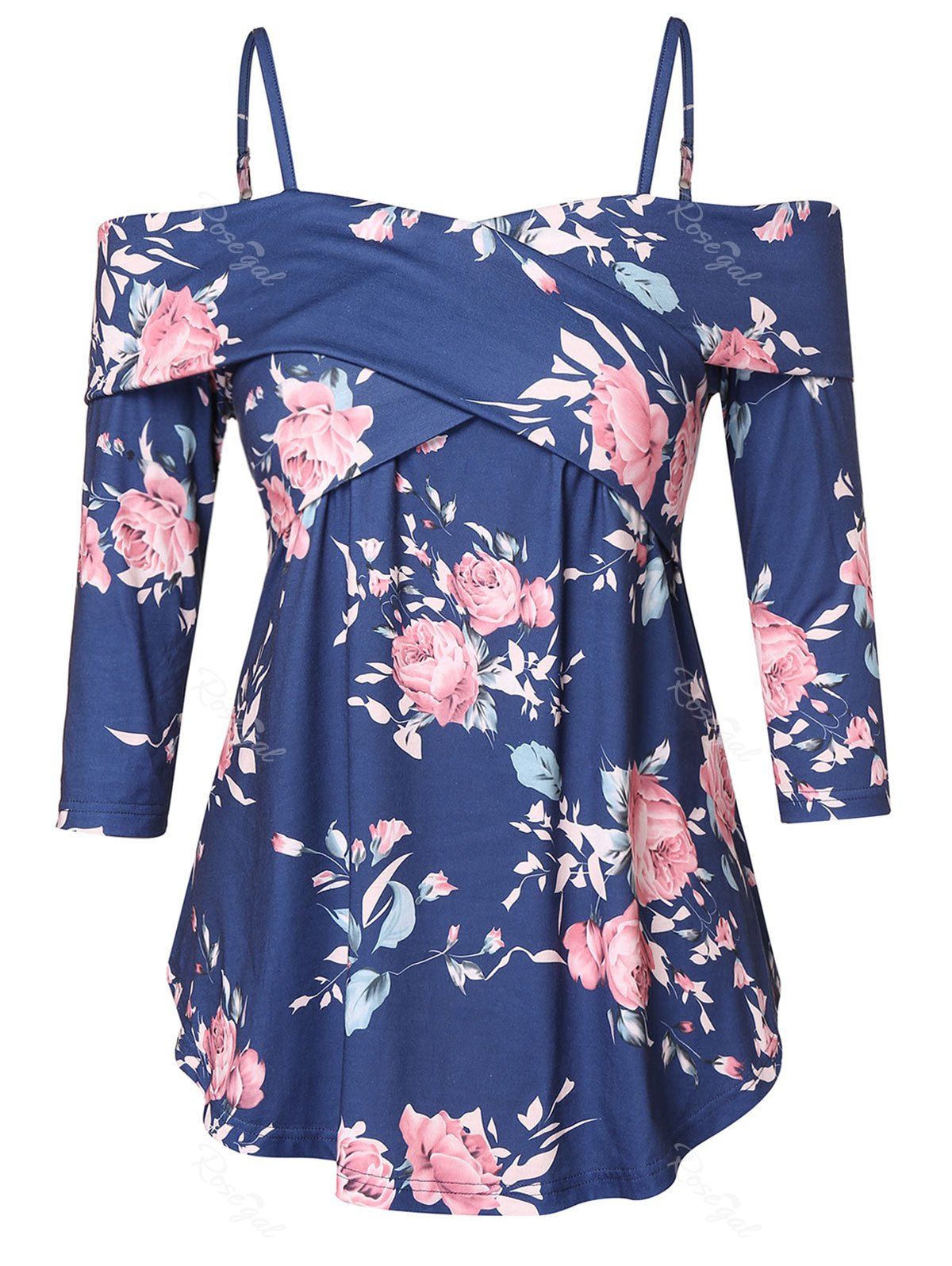 

Plus Size Cold Shoulder Criss Cross Floral Print T-shirt, Lapis blue