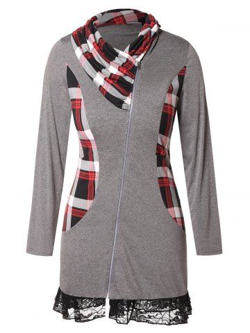 [66% OFF] Plus Size Lace Insert Plaid Zip Fly Coat | Rosegal