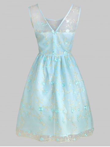 

Embroidery Floral Mesh High Waist Dress, Light blue