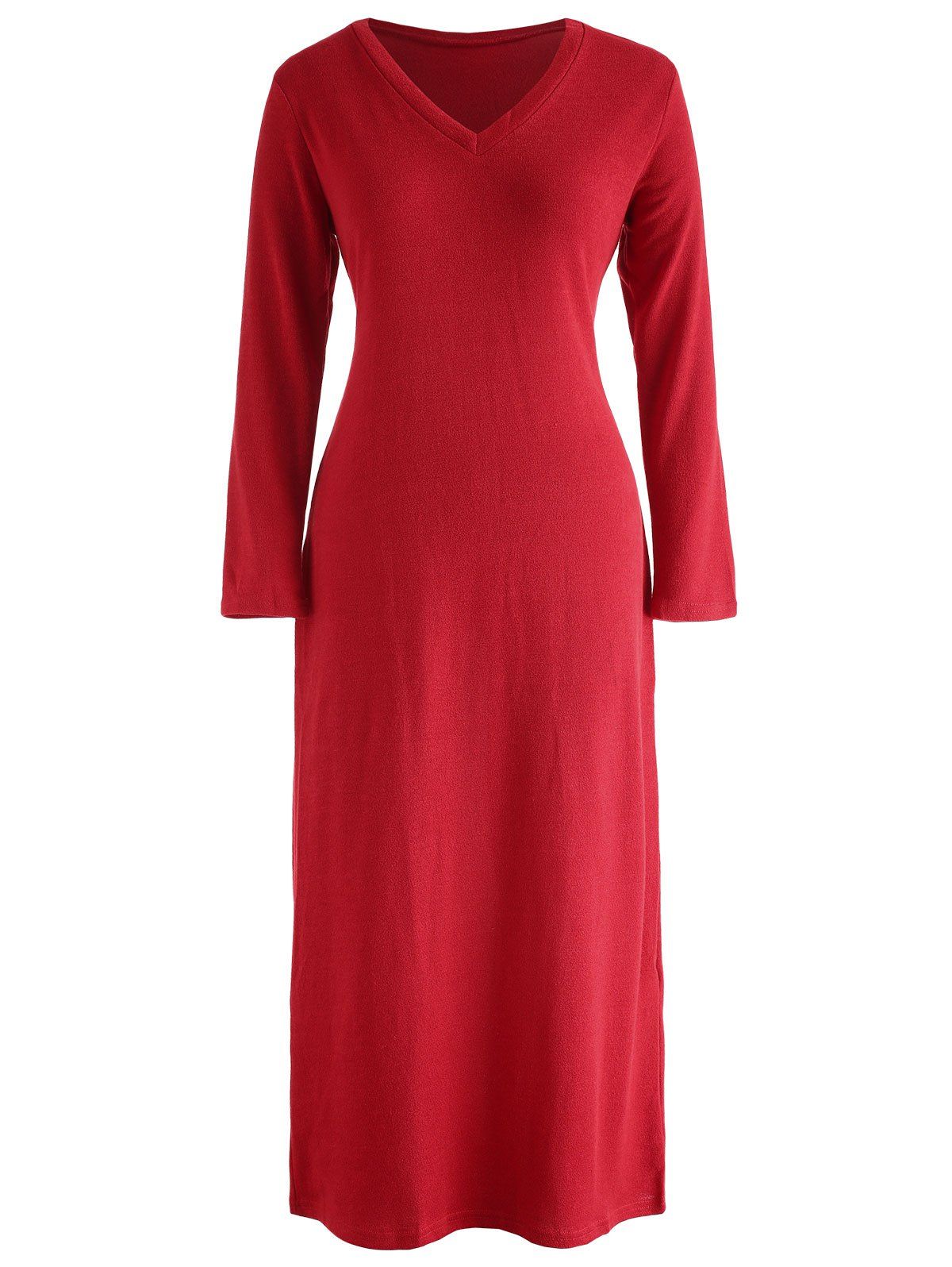

V Neck Long Knitwear Dress, Cherry red