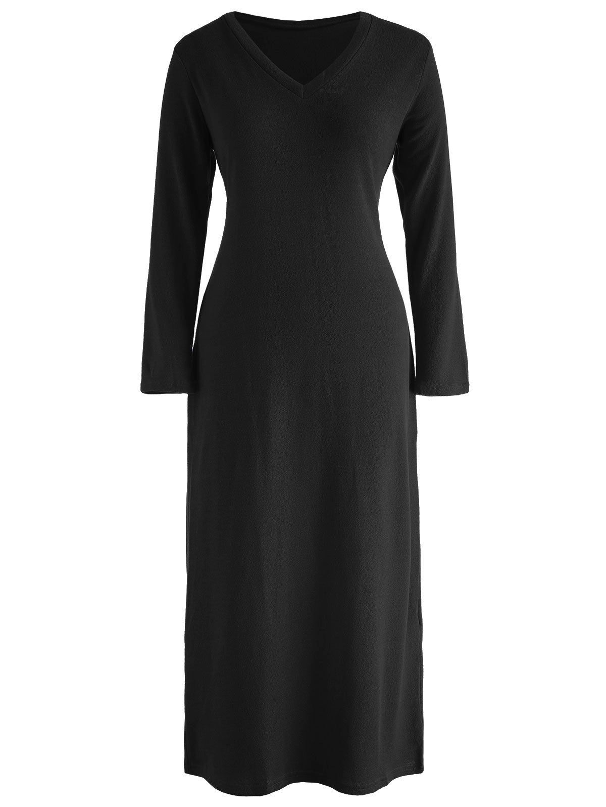 

V Neck Long Knitwear Dress, Black