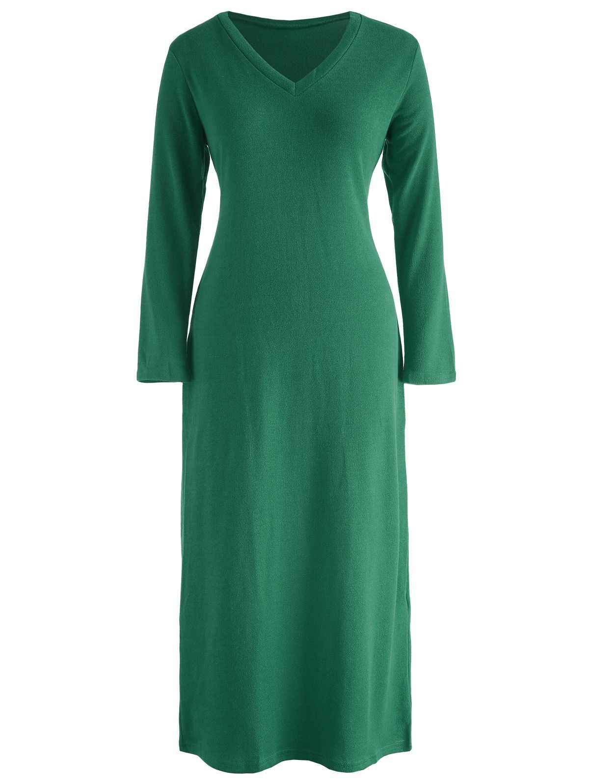 

V Neck Long Knitwear Dress, Greenish blue