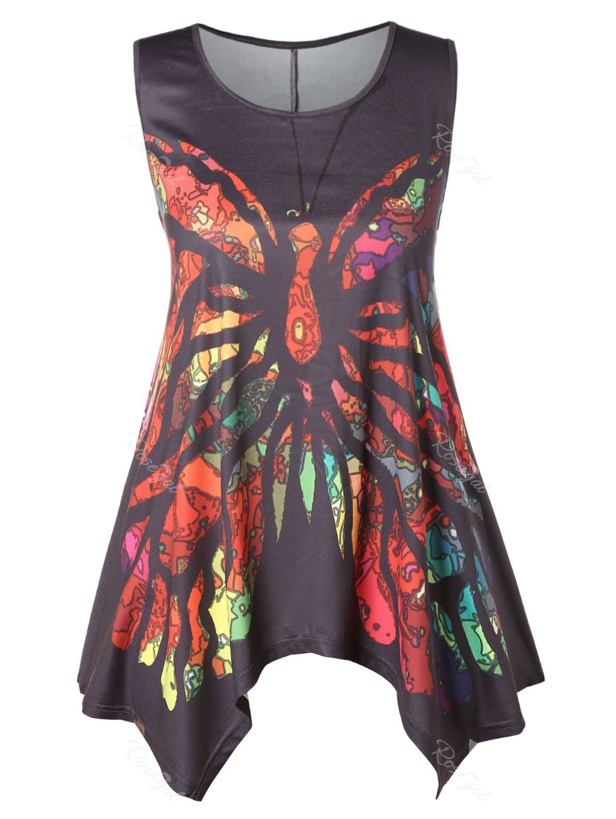 

Butterfly Print Plus Size Asymmetrical Tank Top, Black