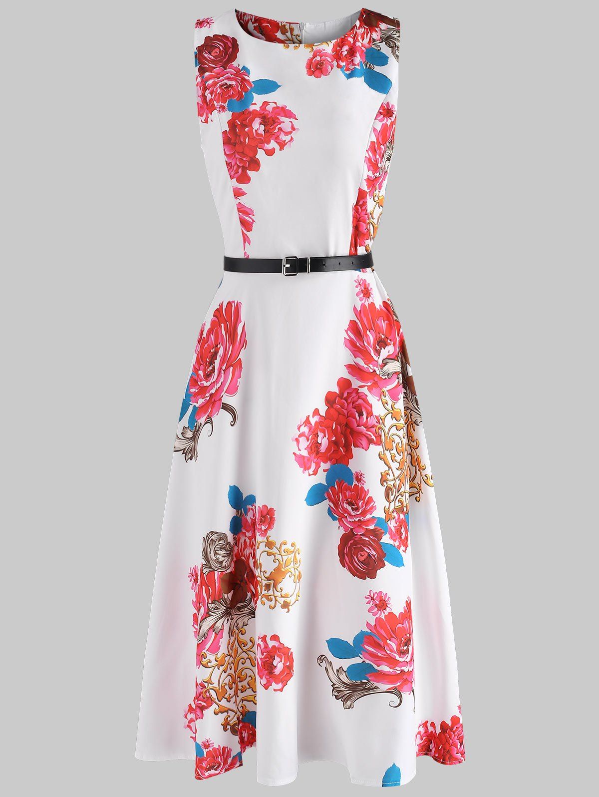 

Belted Flower Flare Dress, Multi-e