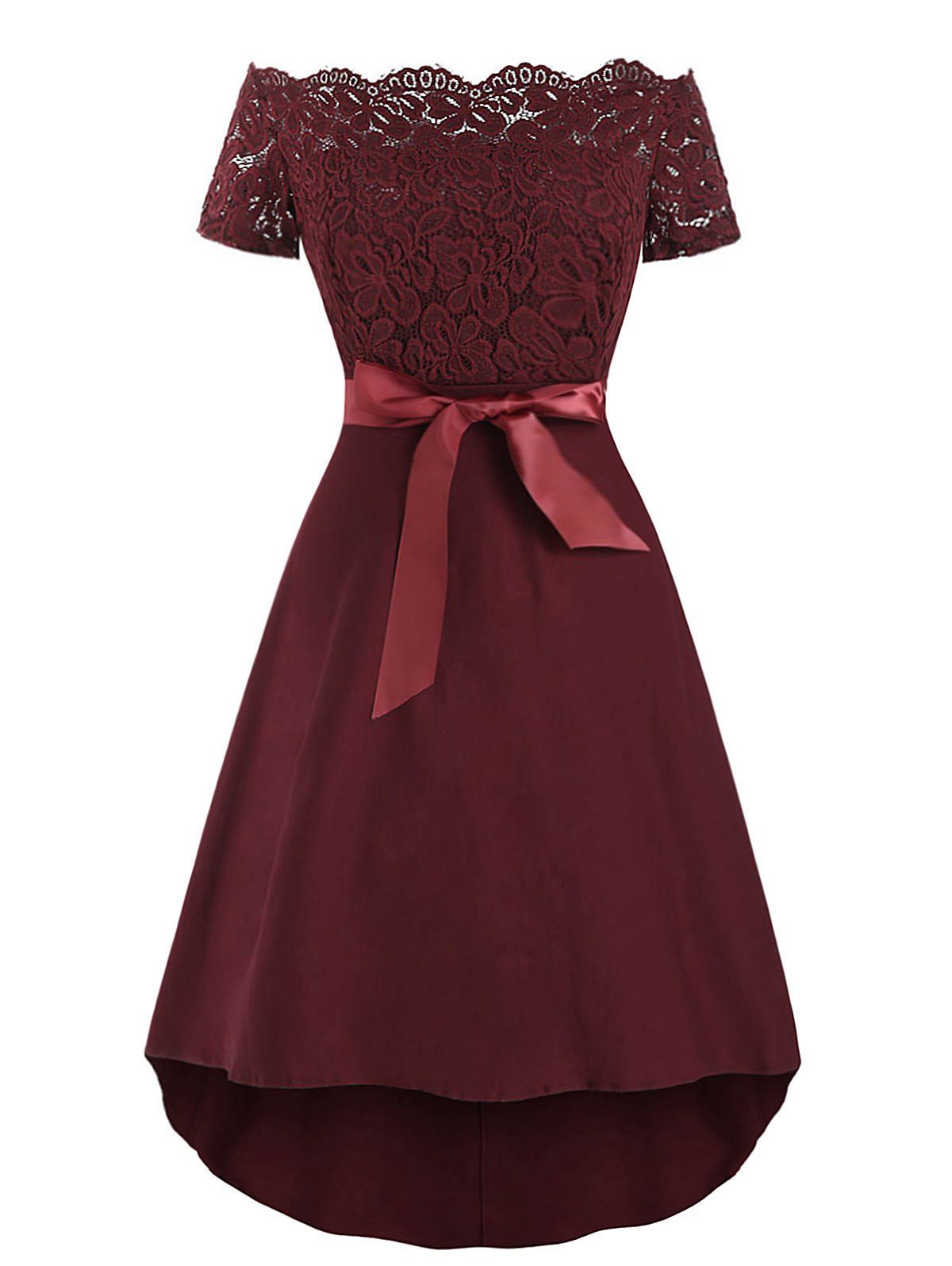 

Off The Shoulder Lace Insert Belted Vintage Dress, Red wine