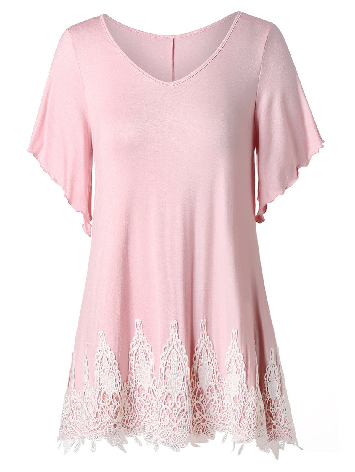 

Short Sleeve Plus Size Lace Panel T-shirt, Light pink