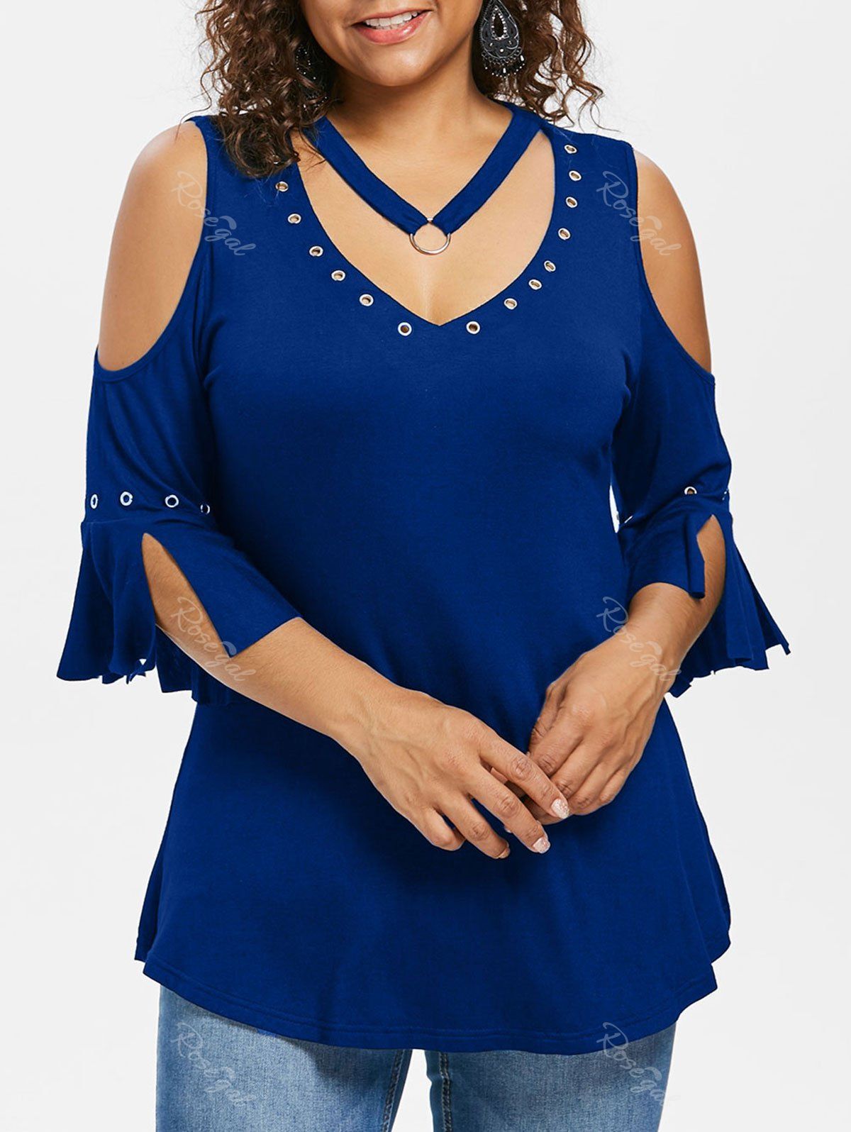 

Plus Size Grommets Detail V Neck T-shirt, Cobalt blue