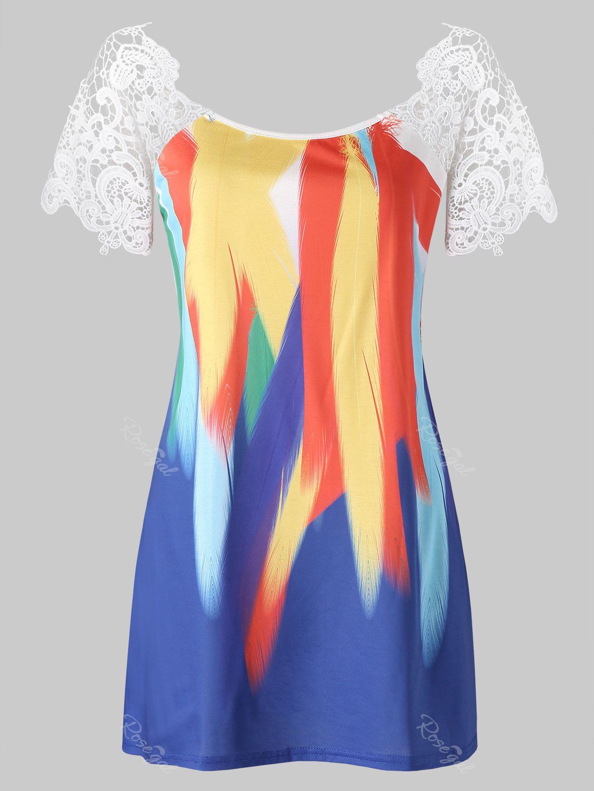 

Lace Panel Cut Out Feather Print Plus Size T-shirt, Multi