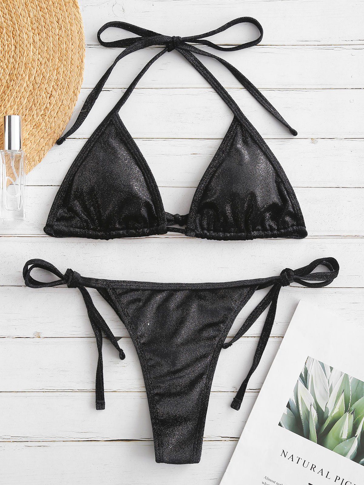 

Halter Self Tie Low Cut Bikini Set, Black