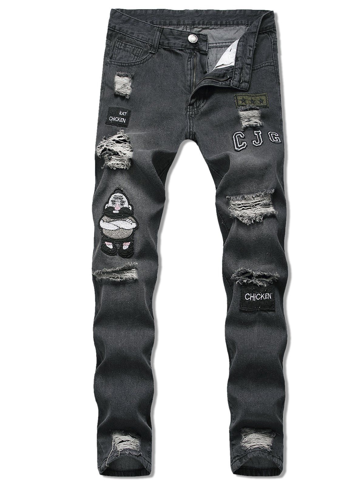 

Cartoon Embroidered Design Distressed Jeans, Black