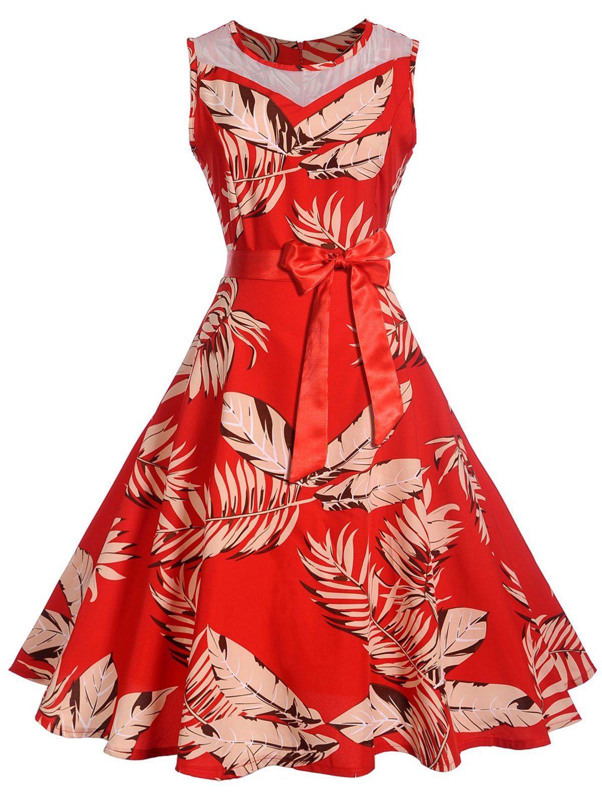 

Leaves Print Panel Sleeveless A Line Dress, Red