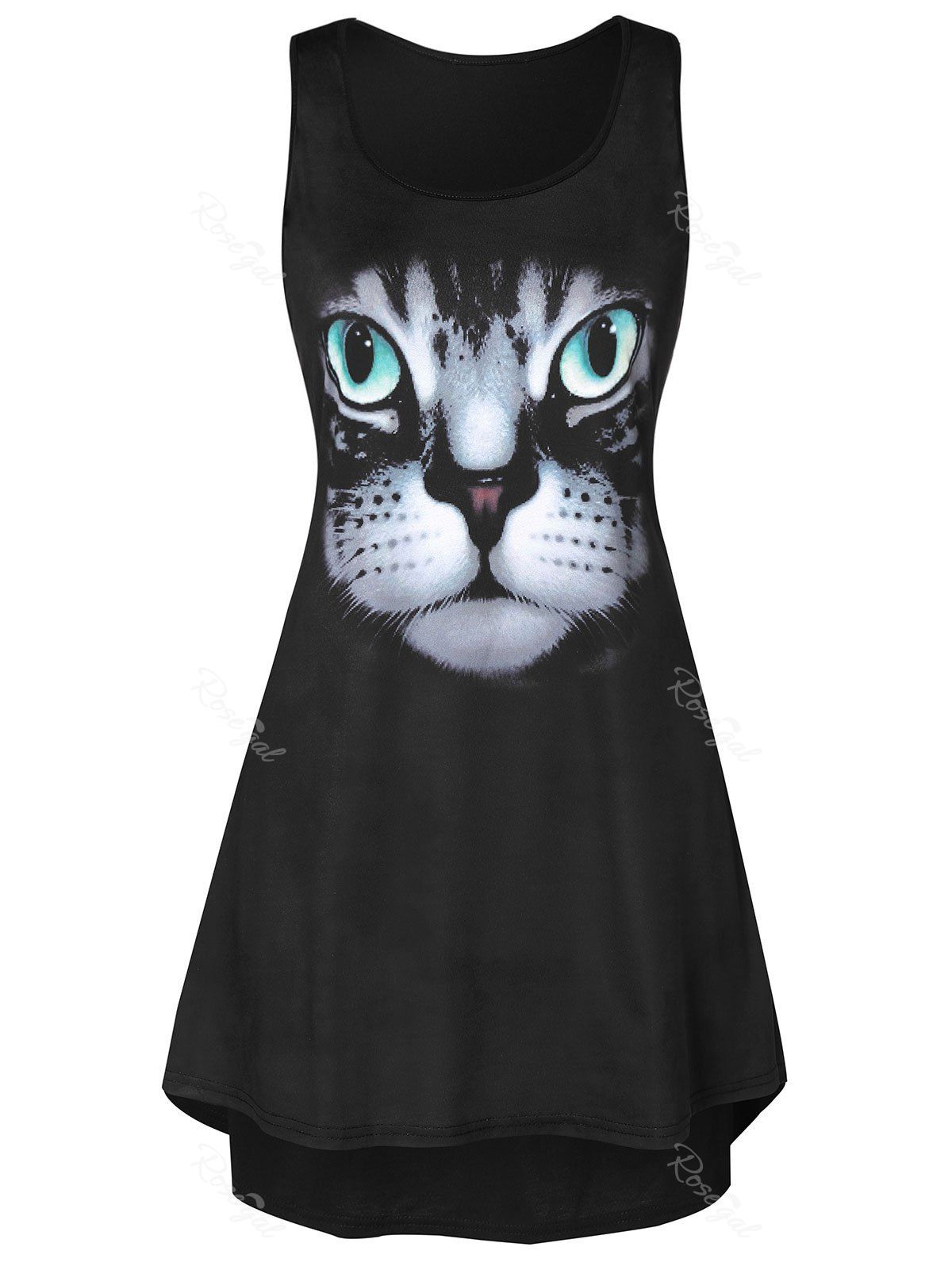 

Plus Size Cat 3D Print High Low Trapeze Tank Top, Jet black