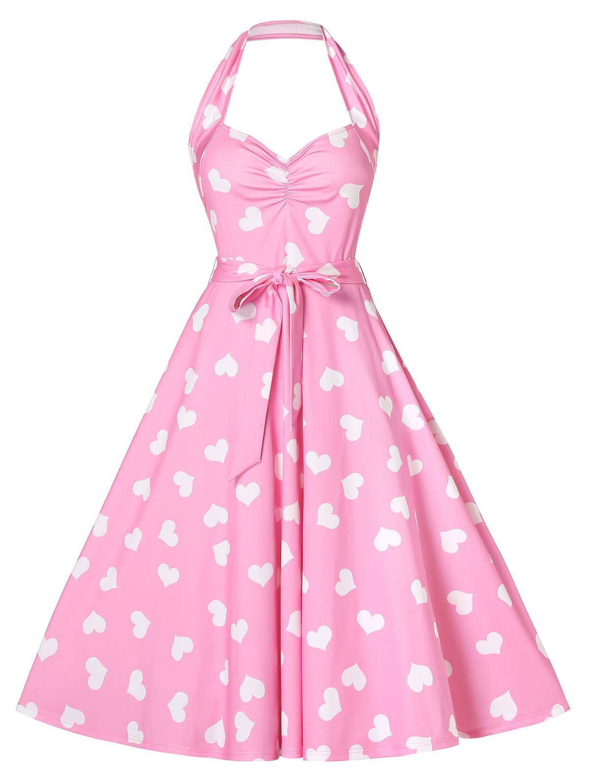 

Fit and Flare Peach Heart Print Dress, Hot pink