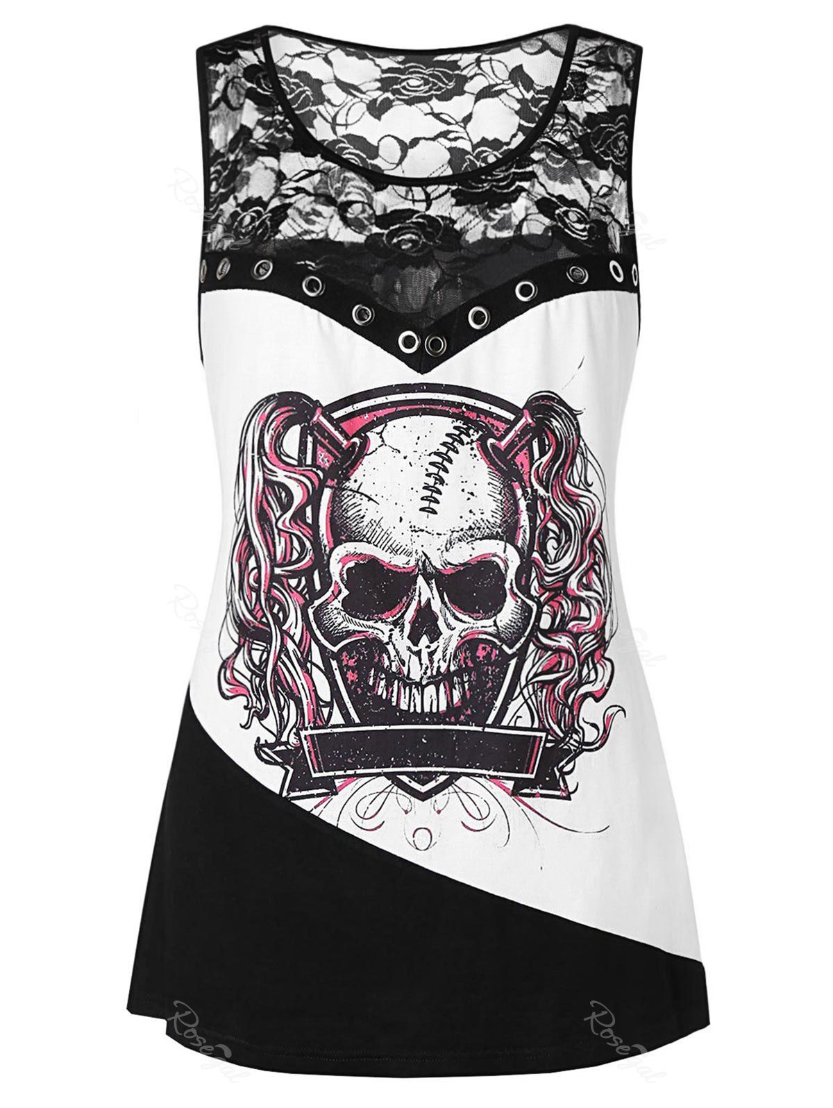 

Plus Size Skull Print Lace Panel Tank Top, Multi