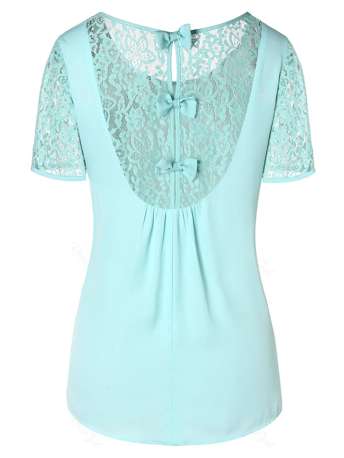 

Lace Panel Plus Size Bowknot Embellished Blouse, Light aquamarine