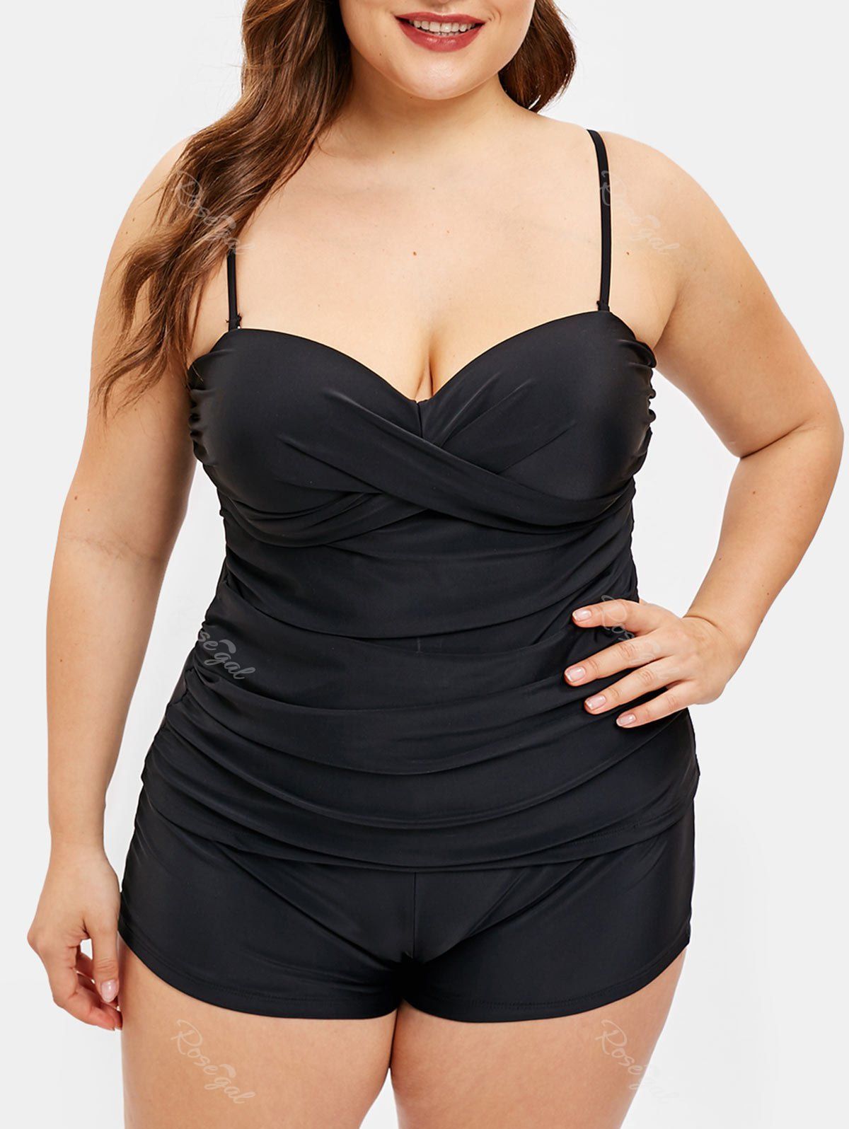 

Plus Size Underwire Criss Cross Tankini Set, Black