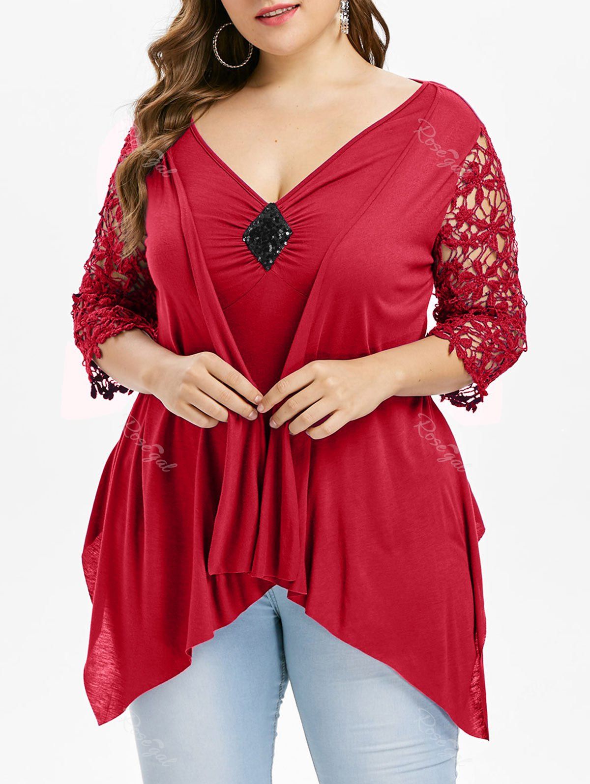 

Plus Size Faux Twinset Lace Insert Asymmetrical T-shirt, Red wine