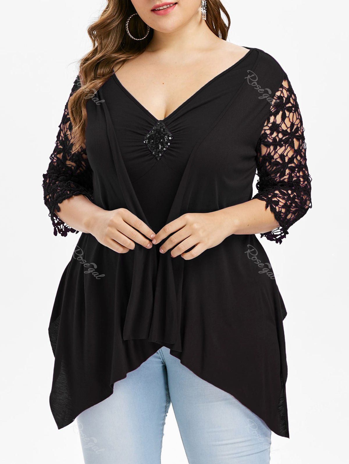 

Plus Size Faux Twinset Lace Insert Asymmetrical T-shirt, Black