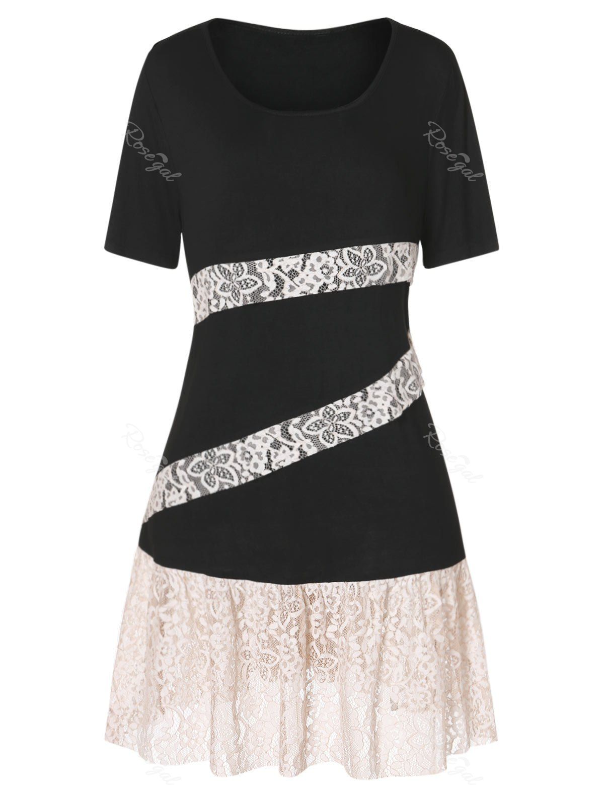 

Plus Size Tunic Lace Insert T Shirt, Black