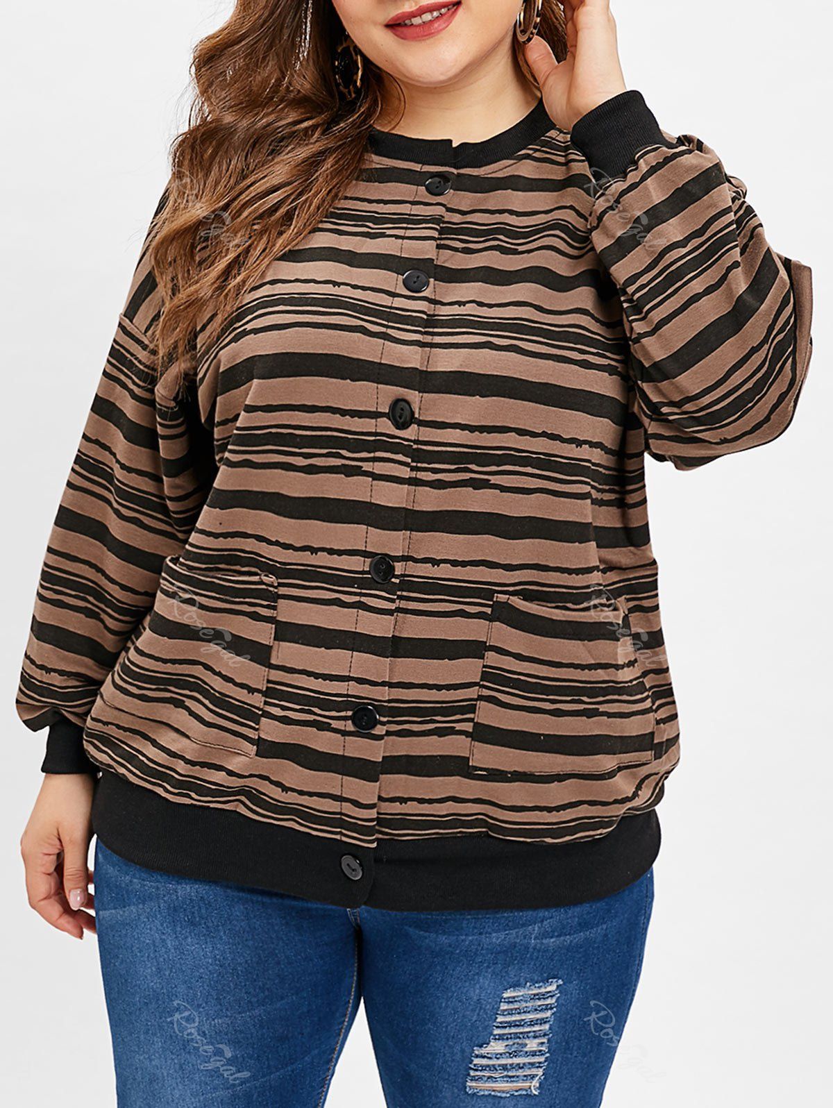 

Drop Shoulder Plus Size Stripe Sweatshirt, Tan