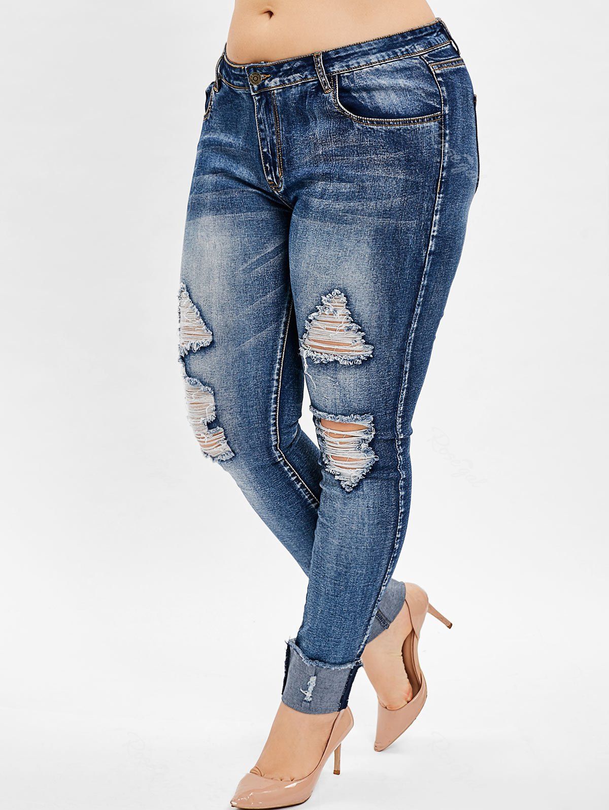 Plus Size Ripped Pencil Jeans, Lapis blue