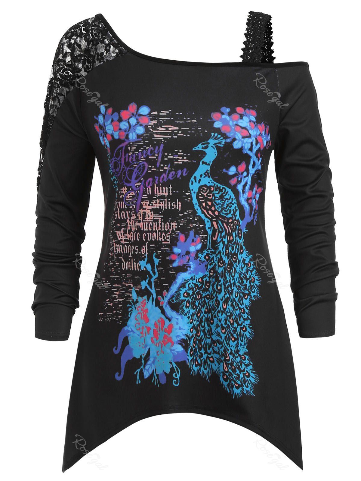 

Lace Insert Peacock Print Plus Size Top, Black