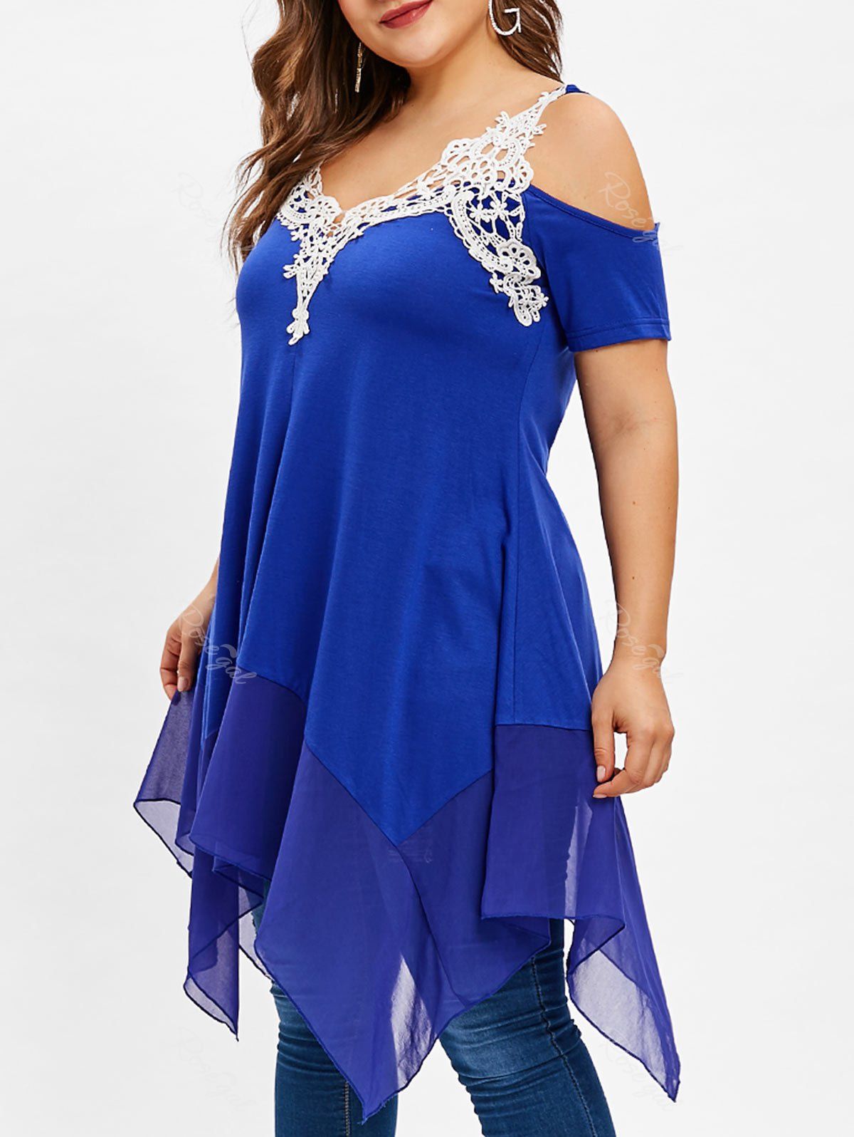 

Cold Shoulder Plus Size Handkerchief Applique Tee, Cobalt blue