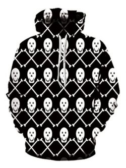 Skulls Print Pouch Pocket Hoodie - BLACK - M
