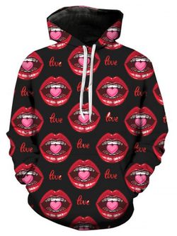 Valentine's Day 3D Lips Print Pullover Hoodie - BLACK - M