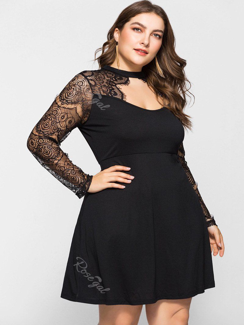 

Mini Plus Size Lace Insert Flare Dress, Black