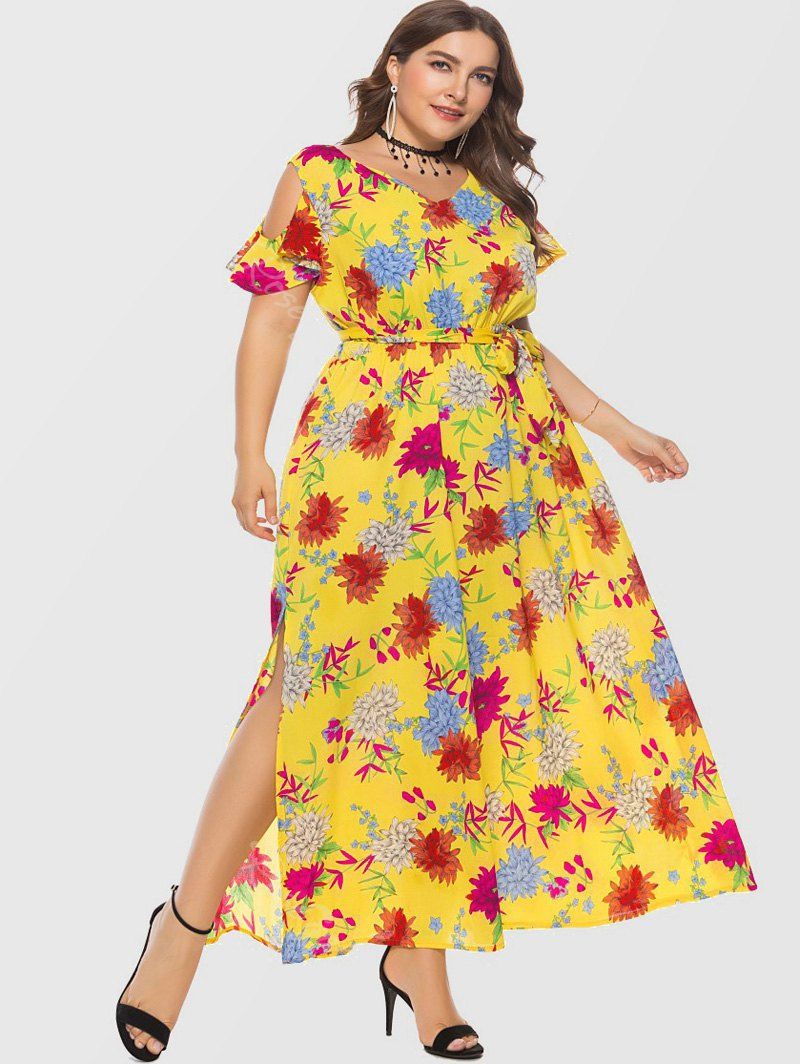 

Plus Size V Neck Printed Side Slit Dress, Goldenrod