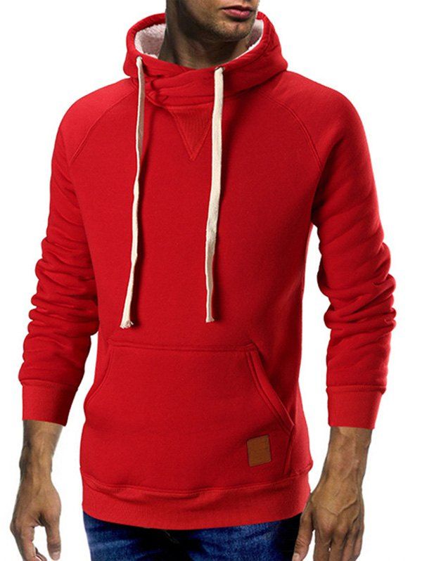 

Cowl Neck Kangaroo Pocket Plush Drawstring Hoodie, Lava red