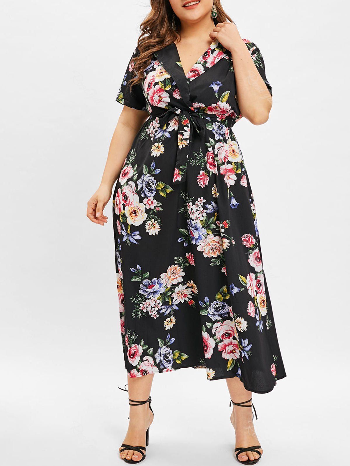 

Short Sleeve Plus Size Floral Print Maxi Dress, Black