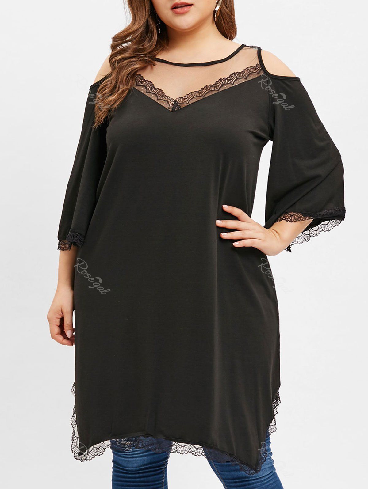 

Plus Size Lace Hem Mesh Panel T-shirt, Black