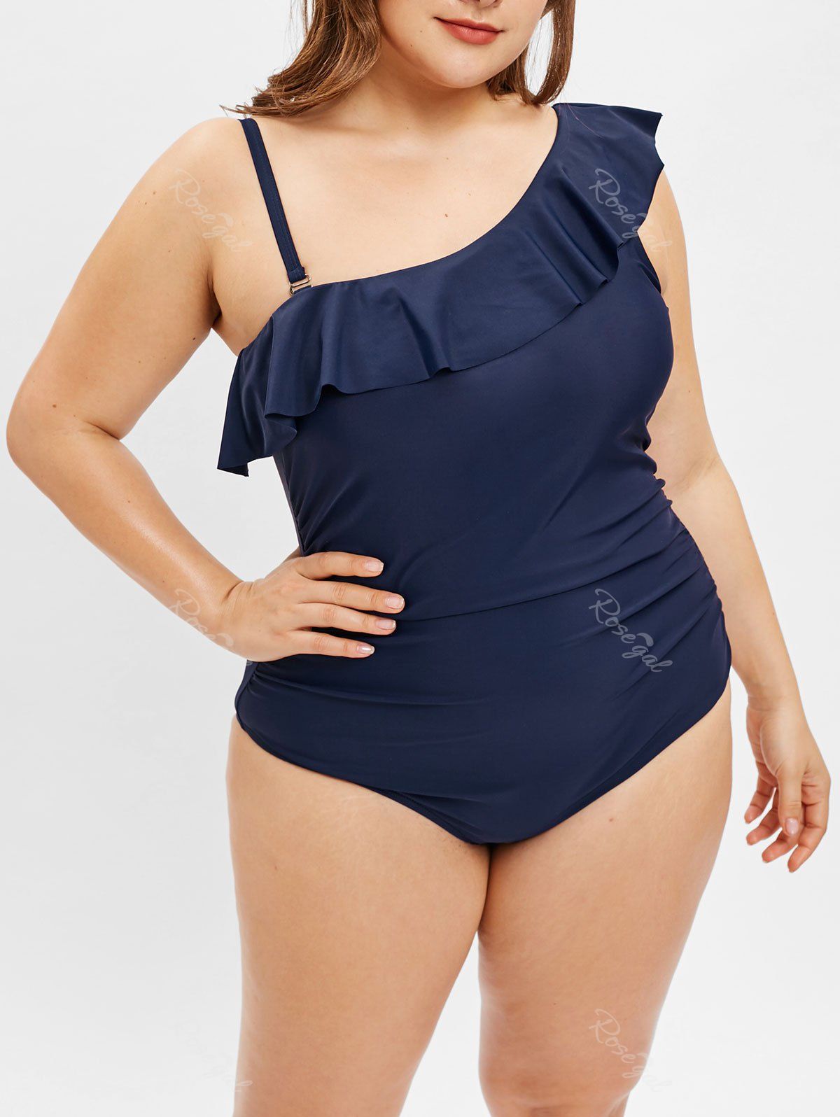 

Skew Neck Plus Size Ruffle Trim Swimwear, Midnight blue