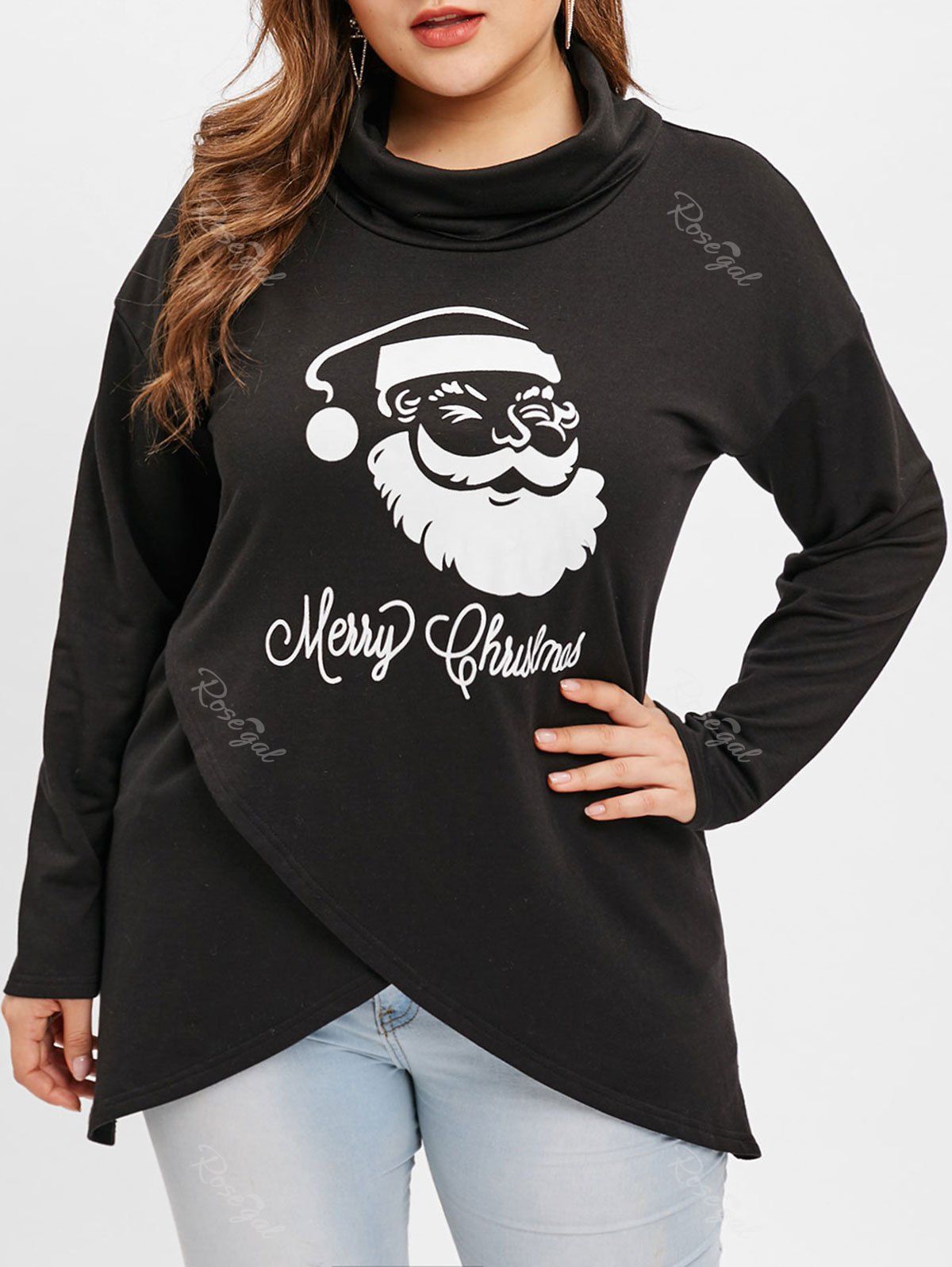 

Plus Size Christmas Santa Claus Print Irregular Sweatshirt, Black