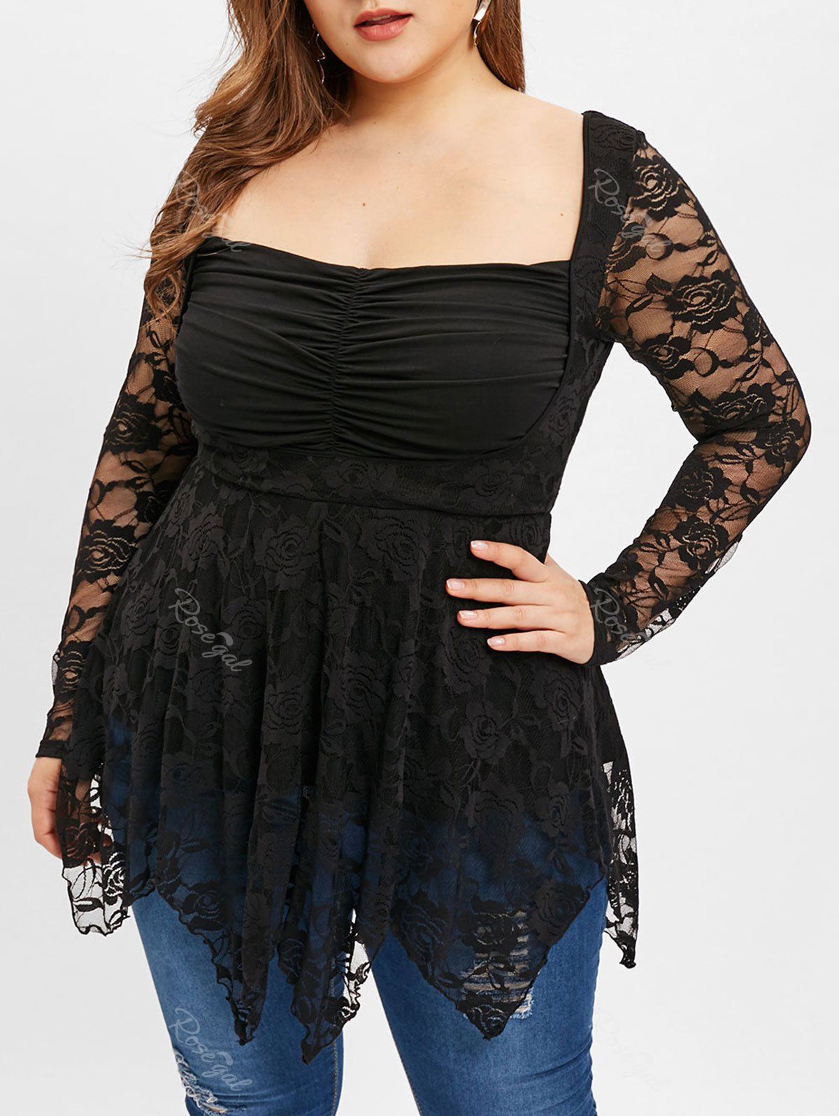 

Asymmetrical Plus Size Lace T-shirt, Black