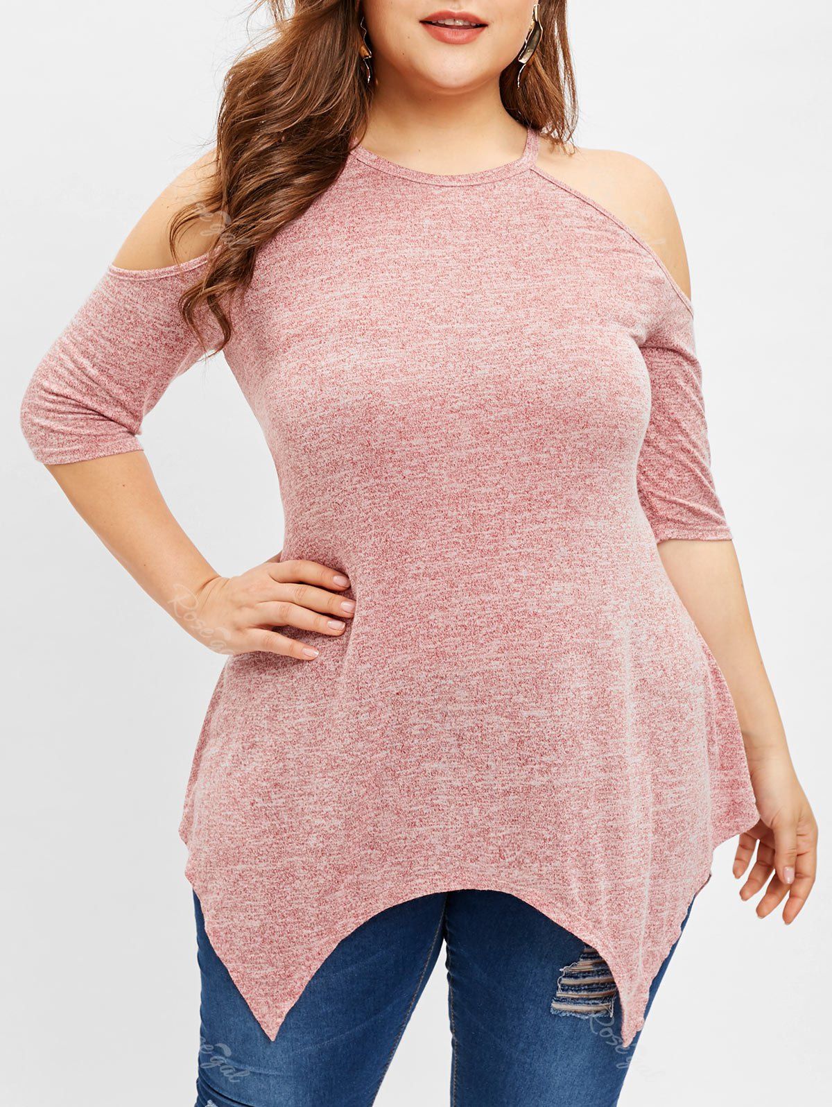 

Plus Size Marled Cold Shoulder Handkerchief T-shirt, Pale violet red