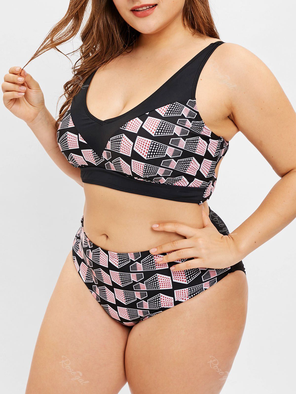 

Back Cut Out Plus Size Star Print Bikini Set, Black
