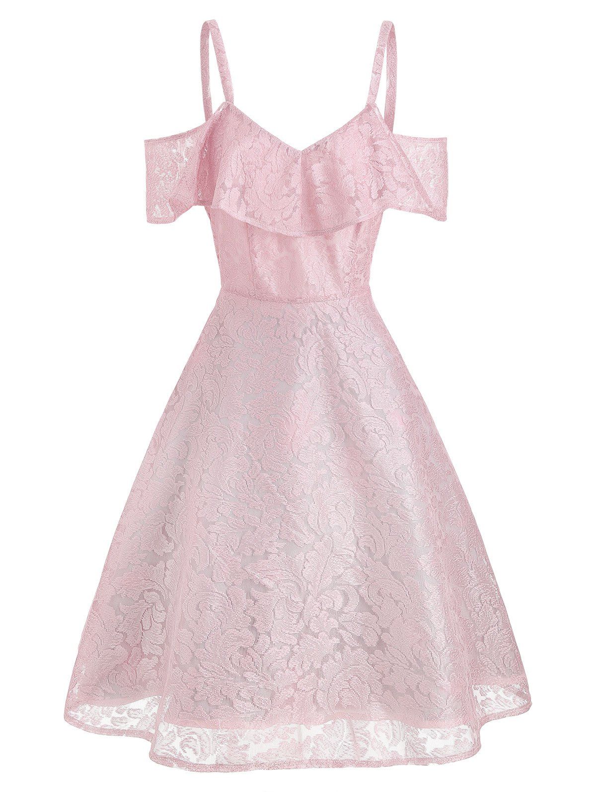 

V Neck Cold Shoulder Ruffle Dress, Pig pink