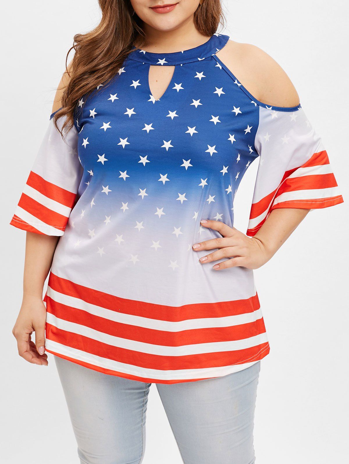 

American Flag Cold Shoulder Plus Size Tee, Multi