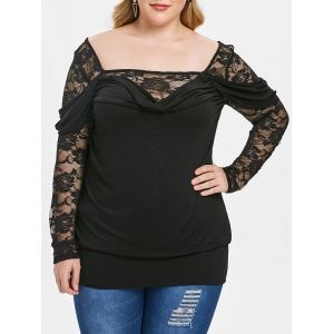 

Floral Lace Panel Long Sleeve Plus Size T-shirt, Black