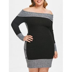 

Plus Size Contrast Trim Off Shoulder Mini Knit Dress, Dark gray