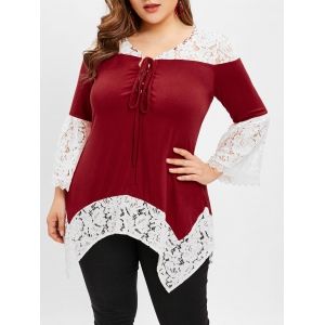 

Plus Size Lace Panel Flare Sleeve Asymmetrical Top, Red wine